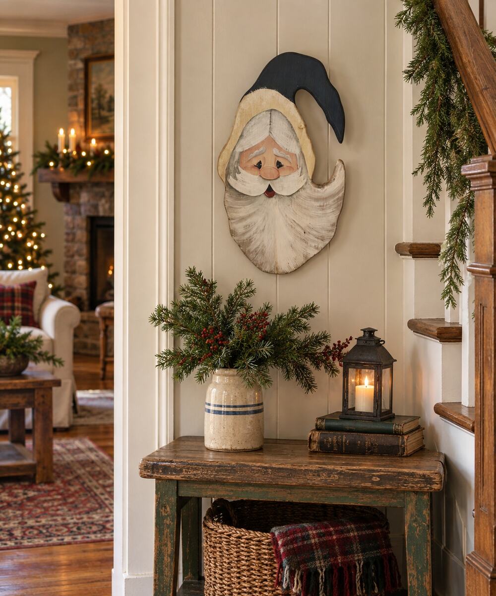 Vintage Wooden Hand Painted Santa Head Wall Hanging Country Farmhouse Cabin